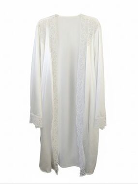 White Satiny Lace Trim Bridal Wedding Robe with Belt Size Large